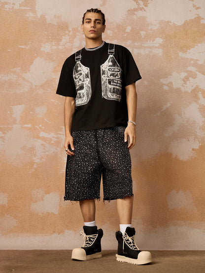 Retro Washed Rhinestone Raw Edge Denim Shorts