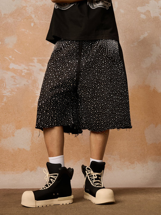 Retro Washed Rhinestone Raw Edge Denim Shorts