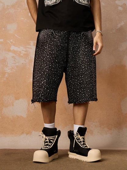 Retro Washed Rhinestone Raw Edge Denim Shorts