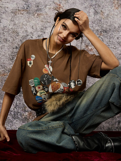 Badge Print Distressed Short Sleeve T-Shirt