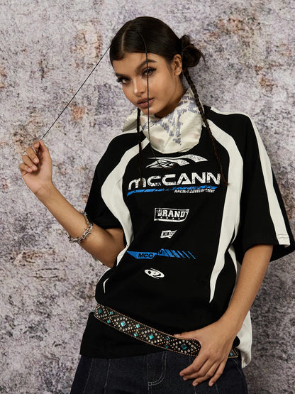T-Shirt mit Motorrad-Aufdruck in Kontrastfarbe – 2325