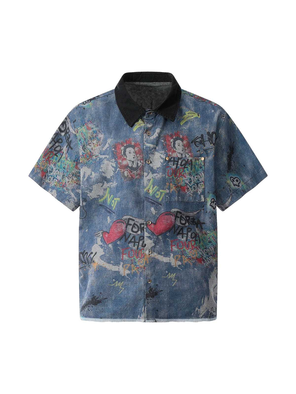 Tie-Dye Denim Graffiti Polo T-Shirt