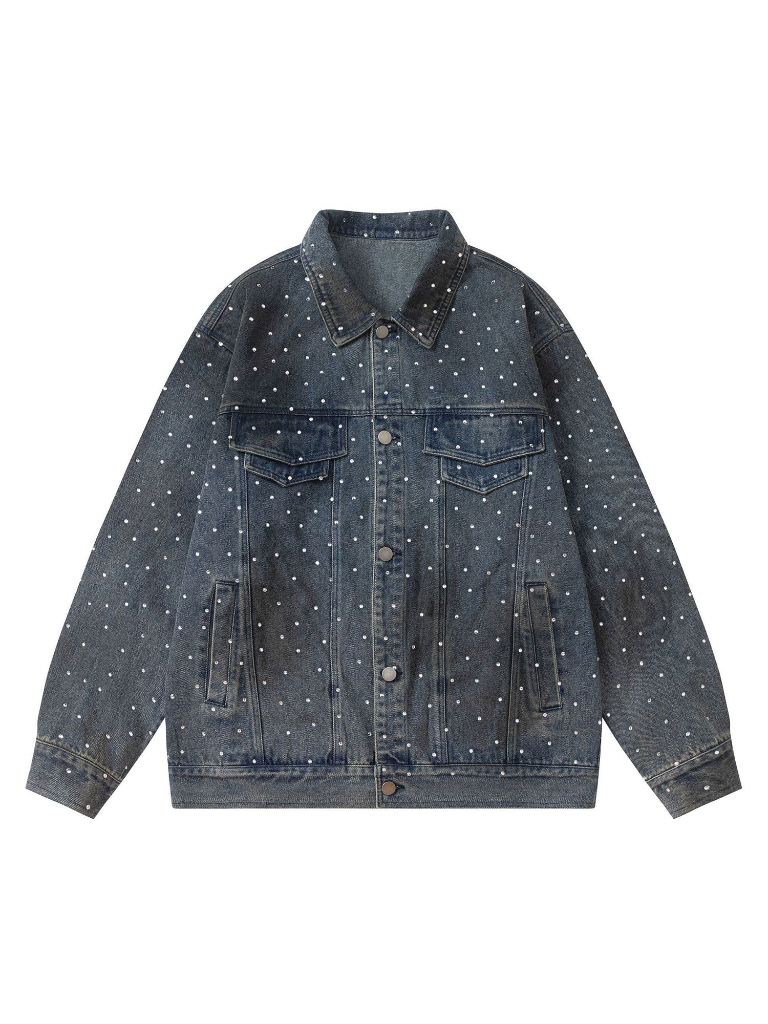 Thesupermade Hip-hop Beaded Washed Denim Jacket - 2264