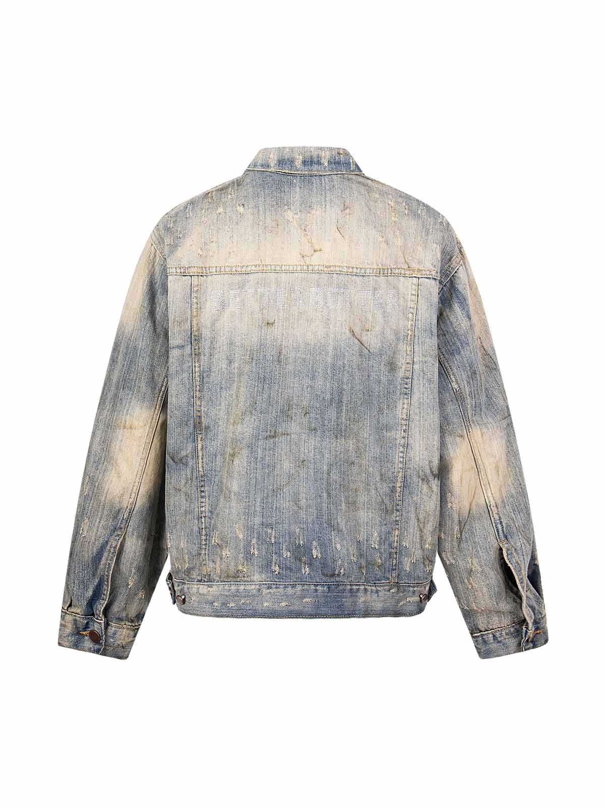 Mud-dyed Distressed Rhinestone Denim Jacket - 2336