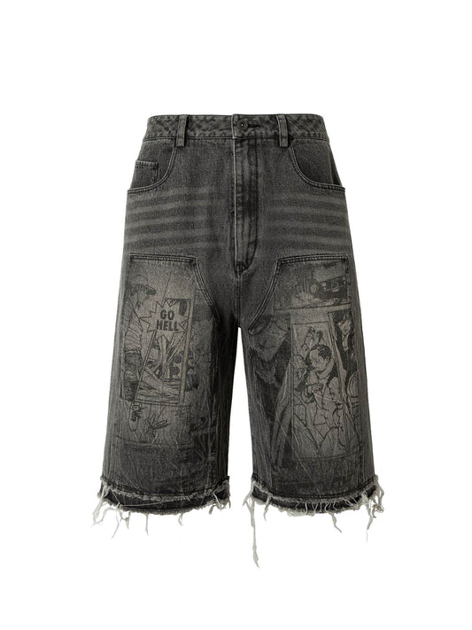 Retro Cartoon Graffiti Washed Ripped Tassel Jorts