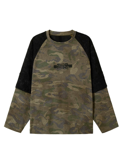 Zweiteiliges Langarm-T-Shirt mit Camouflage-Muster und Kunstfellmuster