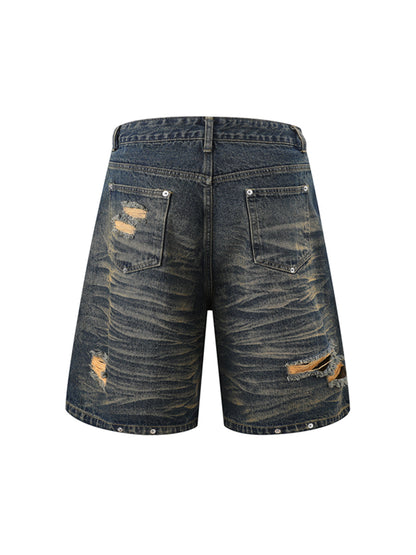 Distressed Washed Distressed Denim Shirt & Jorts Set