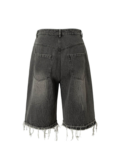 Retro Cartoon Graffiti Washed Ripped Tassel Jorts