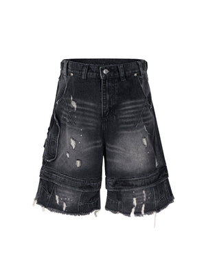 Ripped Washed Tassel Cargo Denim Shorts