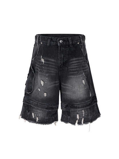 Ripped Washed Tassel Cargo Denim Shorts