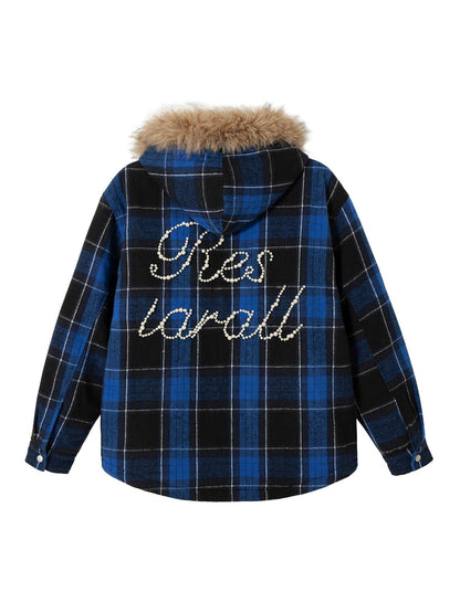 Thesupermade – Gepolsterte, karierte Jacke mit Perlen und Pelzkragen
