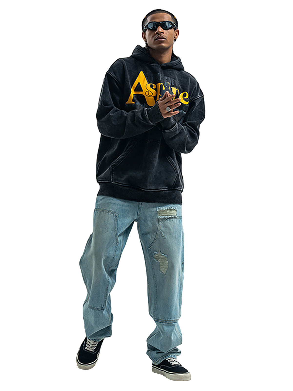 Schwerer, gewaschener Fleece-Hoodie mit Buchstaben-Portrait-Print