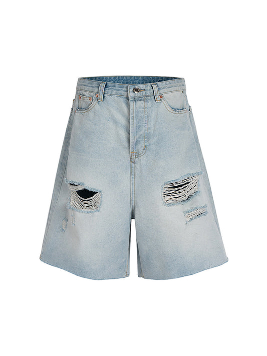 Washed Ripped Whisker Denim Jorts