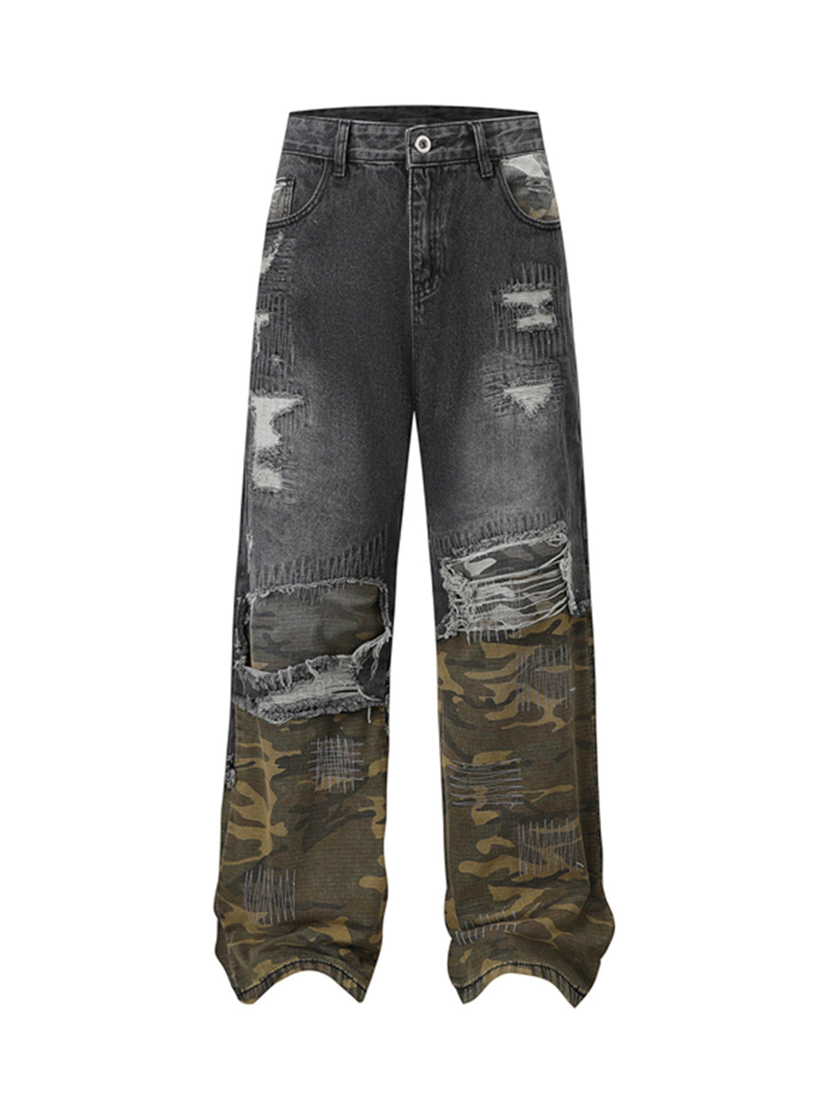 Distressed Camouflage Patchwork Jeans