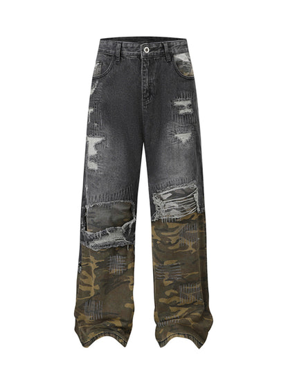 Distressed Camouflage Patchwork Jeans