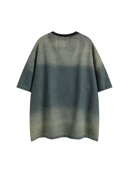 Distressed Washed Patchwork Gradient Denim T-shirt