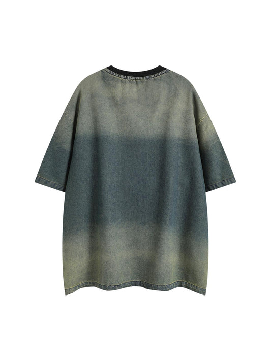 Distressed Washed Patchwork Gradient Denim T-shirt