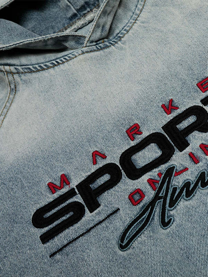 Embroidered Washed Distressed Denim Hoodie