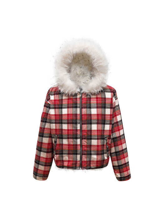 Karierte Jacke mit Sherpa-Futter und Pelzkapuze