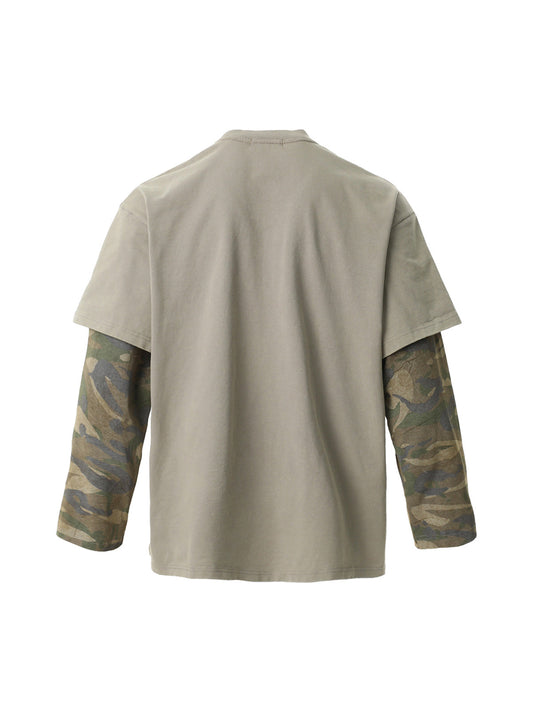 Distressed Camouflage Faux Two-Piece Graphic T-Shirt