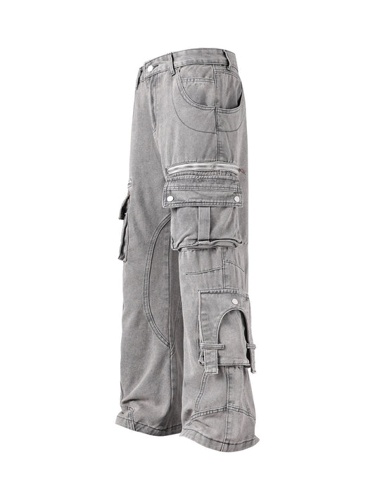 Jean cargo délavé à poches multiples