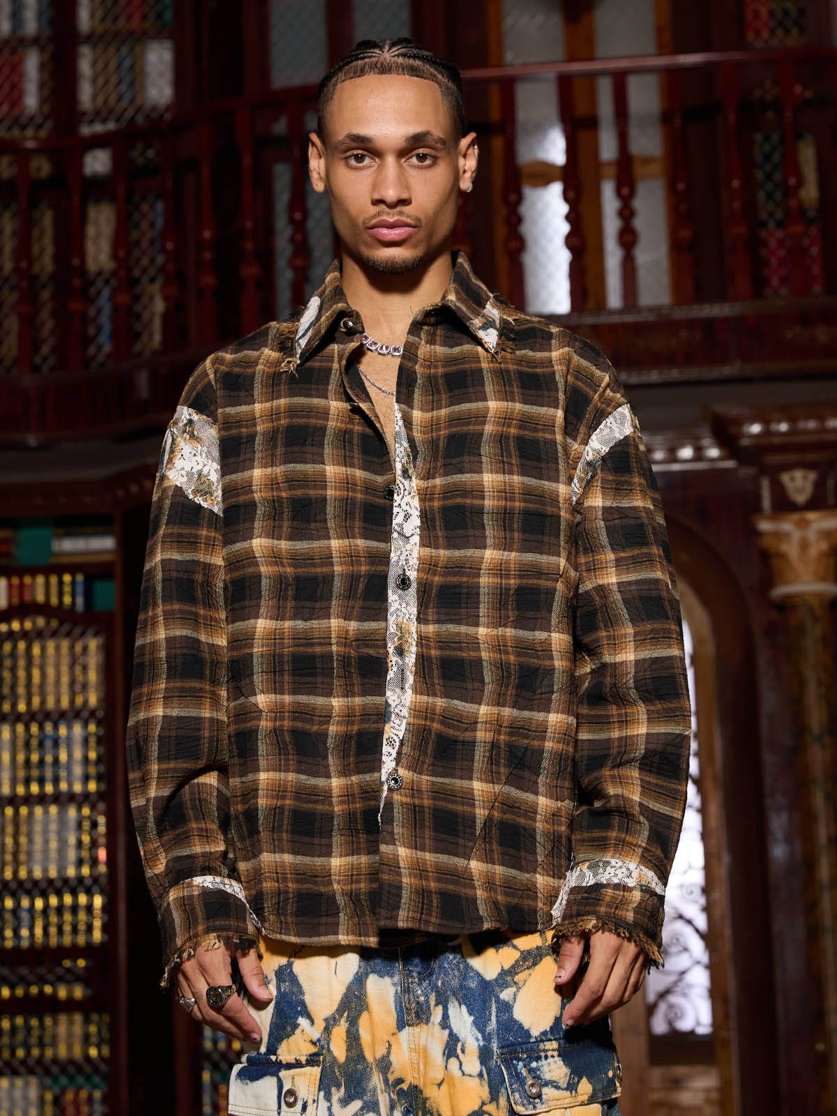 Thesupermade Plaid Lace Panel Shirt