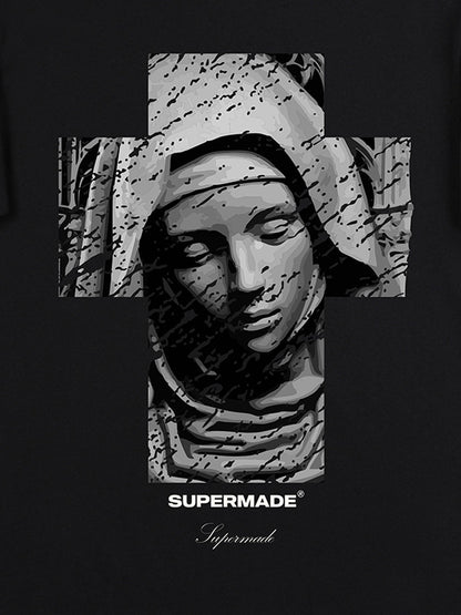 Original Retro Virgin Mary Mottled Cross Print T-Shirt
