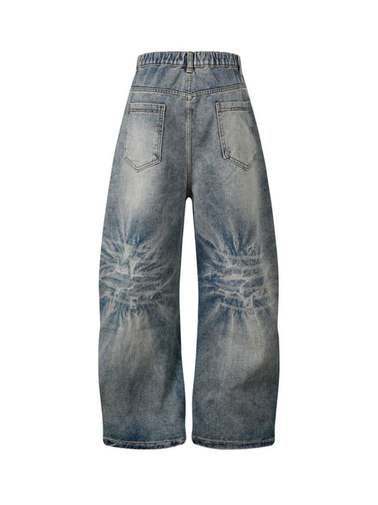 Washed Distressed Deconstructed Split Barrel Jeans - 2359