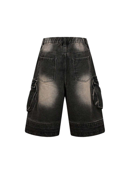 Washed Multi-Pocket Denim Cargo Jorts