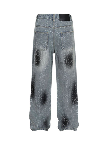 Washed Gradient Rhinestone Straight Jeans