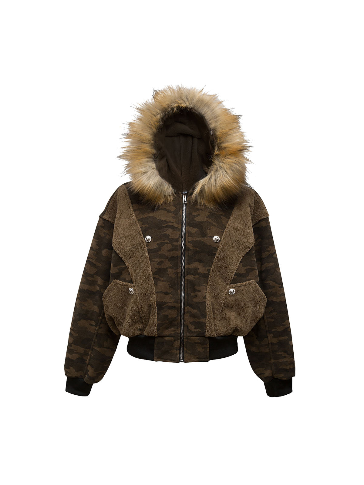 Camouflage Spliced Fur Hooded Fleece Jacket - 2262