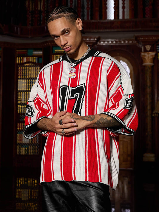Pull de baseball à manches courtes en tricot rayé vintage Thesupermade - 2249