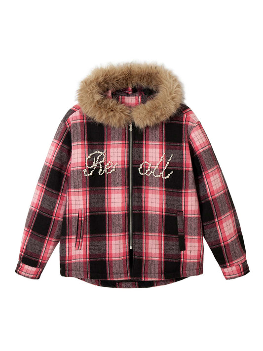 Thesupermade – Gepolsterte, karierte Jacke mit Perlen und Pelzkragen