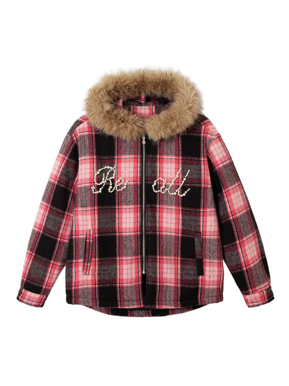 Thesupermade – Gepolsterte, karierte Jacke mit Perlen und Pelzkragen