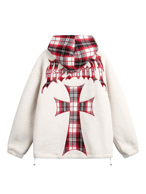 Cross Embroidered Faux Two-Piece Plaid Sherpa Jacket