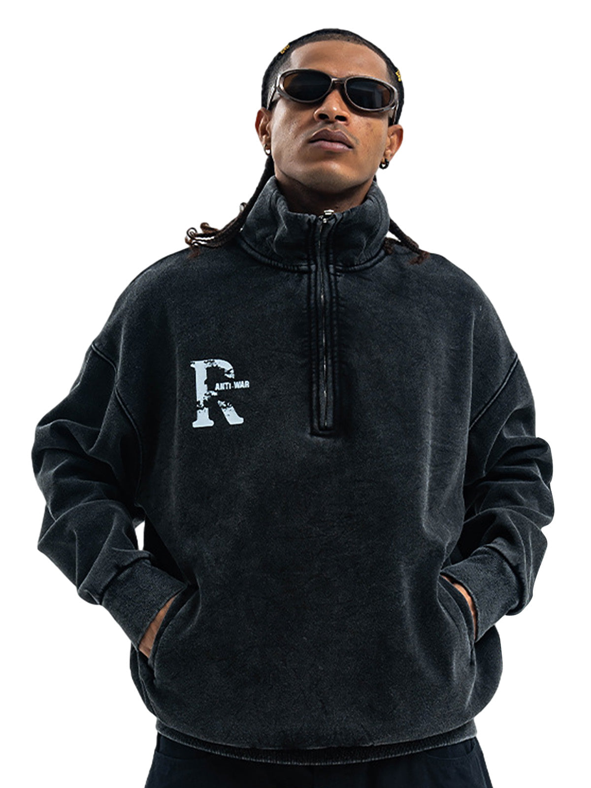 Washed Letter Half Zipper Fleece Hoodie