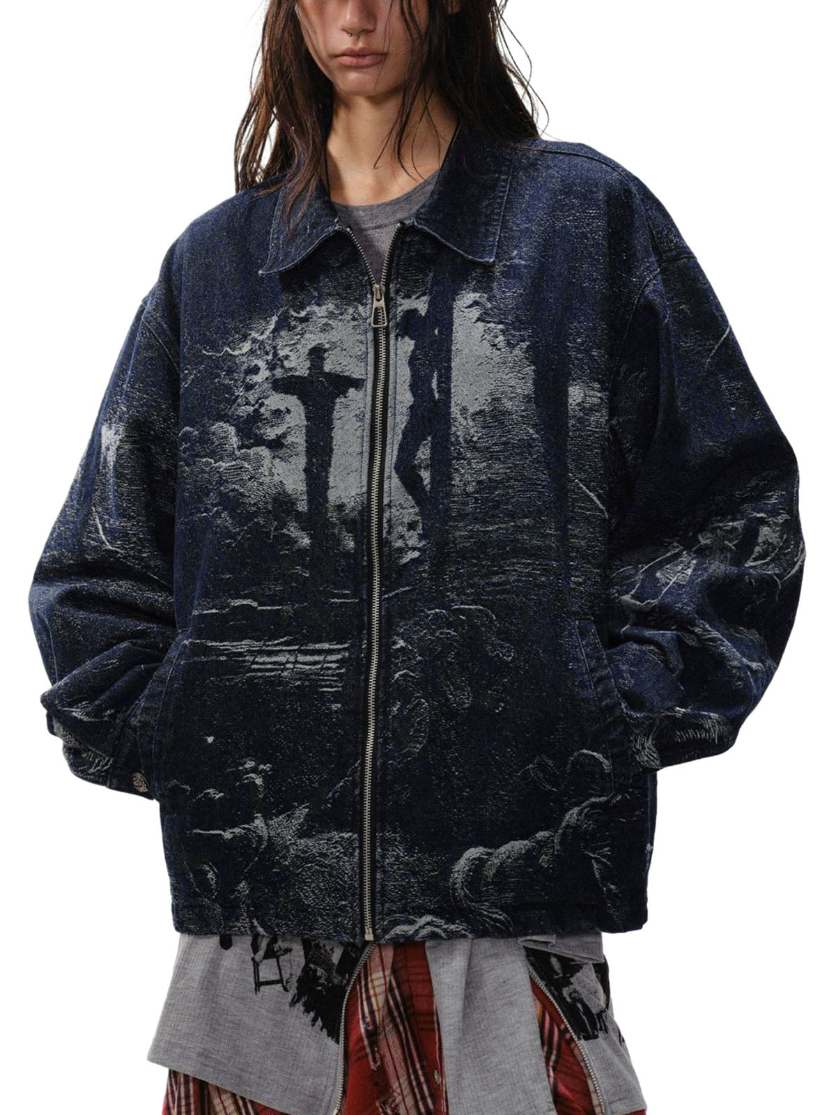 Cross Jacquard Zip Up Denim Jacket