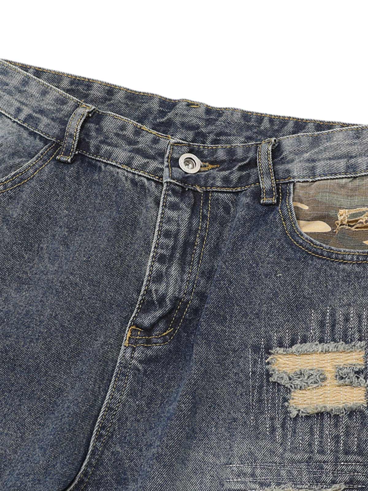 Distressed Camouflage Patchwork Jeans