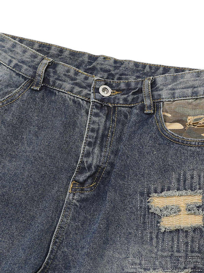 Distressed Camouflage Patchwork Jeans