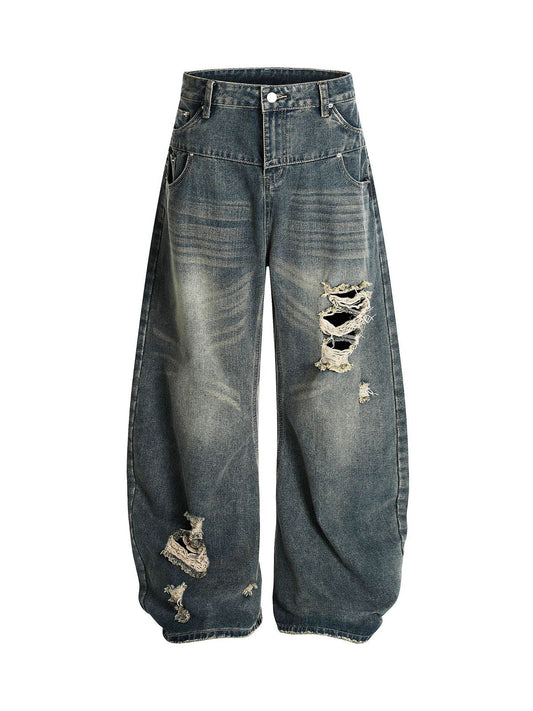 Washed Ripped Barrel Jeans