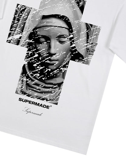 Original Retro Virgin Mary Mottled Cross Print T-Shirt