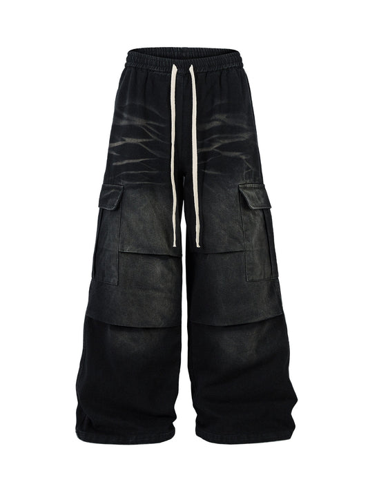 Washed Multi Pocket Drawstring Cargo Jeans