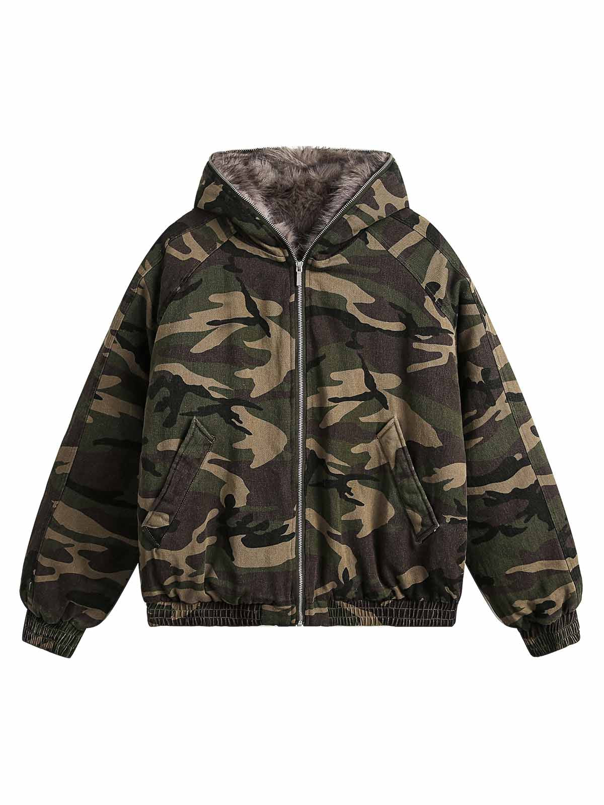 Thesupermade Camouflage Fur Collar Hooded Quilted Jacket