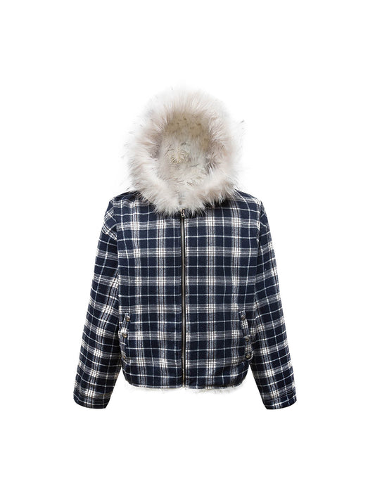Karierte Jacke mit Sherpa-Futter und Pelzkapuze