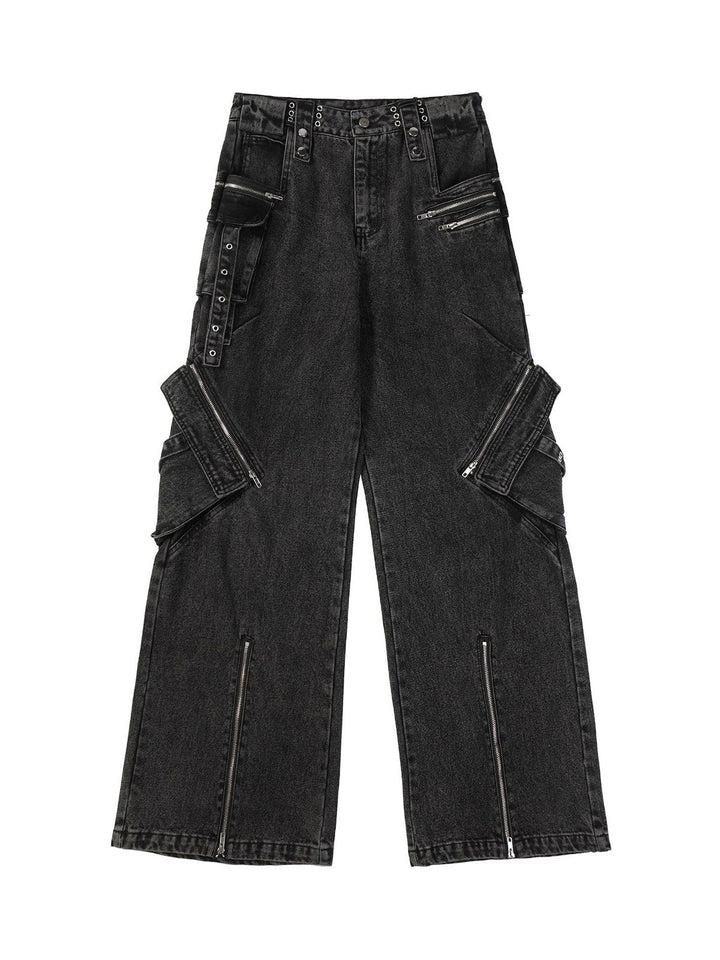 Thesupermade Baggy-Jeans mit sichtbaren Reißverschlüssen und mehreren Taschen – 2256