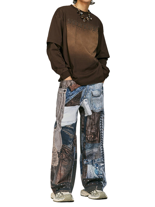 Verwaschene Patchwork-Baggy-Jeans