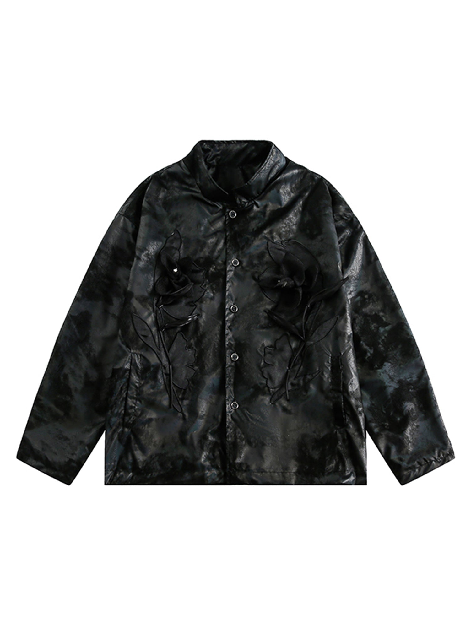 Thesupermade  Floral Stand Collar Leather Jacket