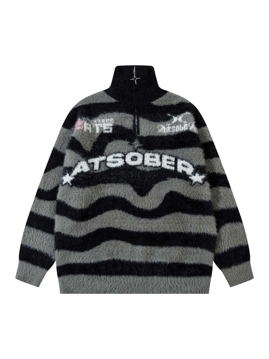 Pull polaire rayé à col montant et fermeture éclair Thesupermade