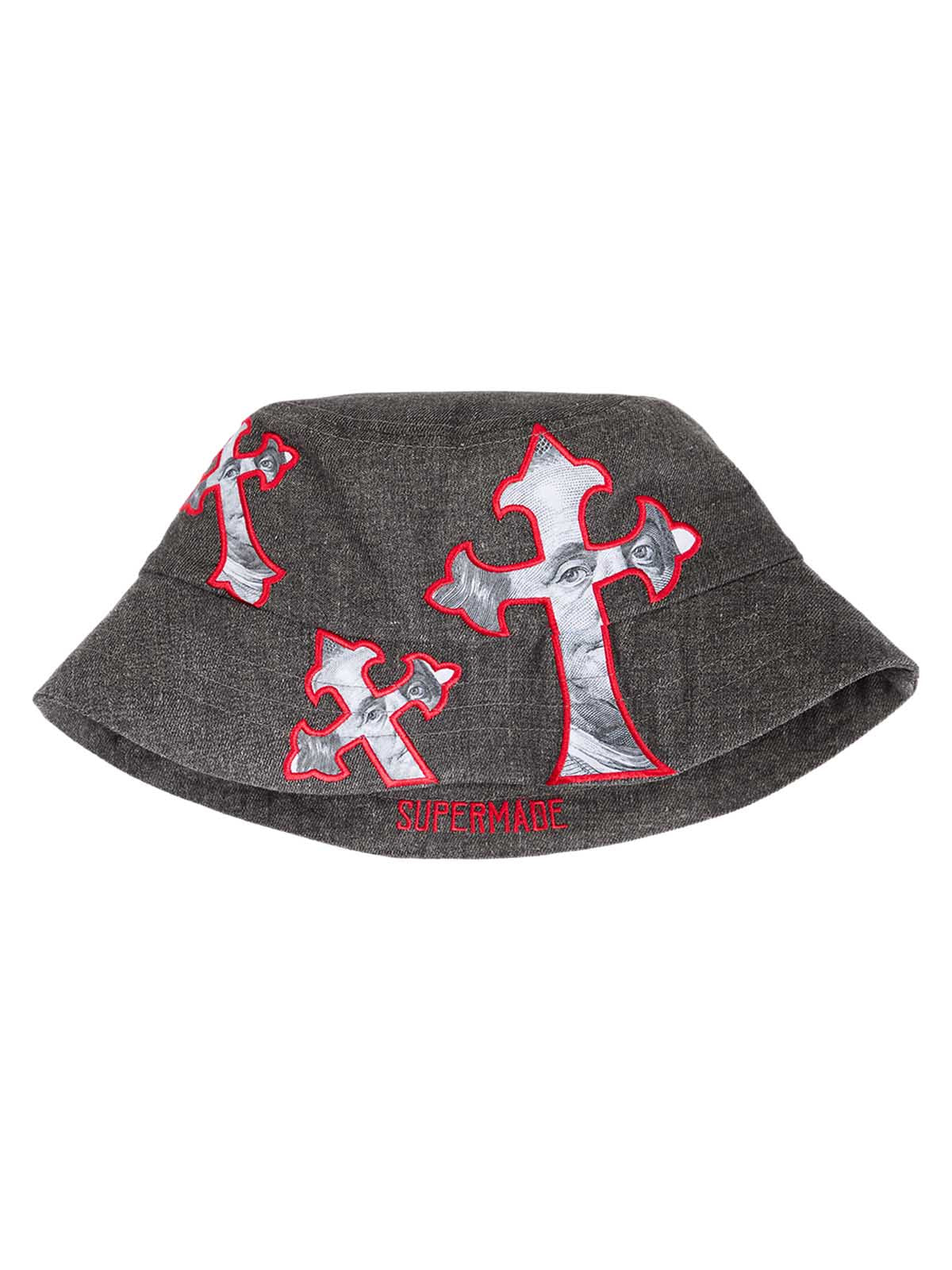 Denim-Fischerhut mit Kreuz und Porträt