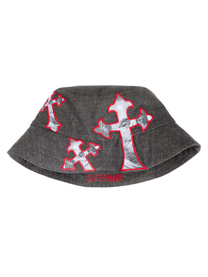 Denim-Fischerhut mit Kreuz und Porträt